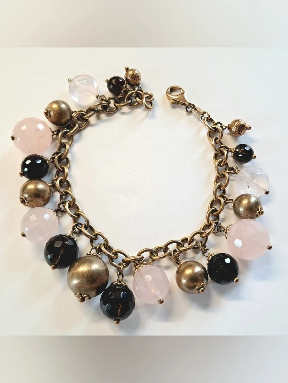 ITAOR Vintage Italy 925 Sterling Silver Heavy Smoky Rose Quartz Charm Bracelet